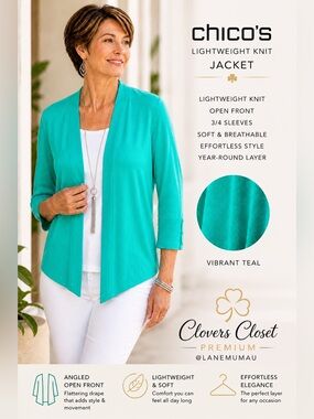 Chico’s Teal Lightweight Open Front Cardigan Angled Hem 3/4 Sleeve
